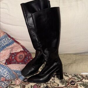 Zara Black Leather Knee-High Boots Sz 38